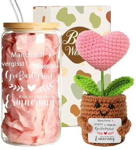 MEIMUCUL Geschenk für Beste Freundin,Trinkgläser Geschenkset & Herzblume | Trinkglas mit deckel Geschenk,Mutmacher Geschenk zur Erinnerung Du bist großartig,Geschenkset für Selbstliebe & Achtsamkeit