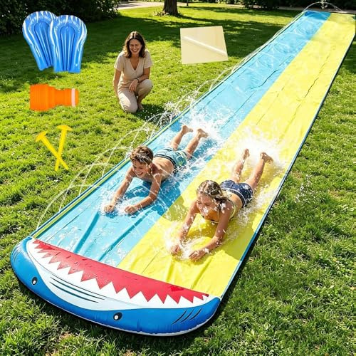 LYPPUL Wasserrutsche Garten für Kinder,480 cm/15.8ft Aufblasbare Wasserrutsche mit Eingebautem Sprinkler,Doppelte Wasserrutsch mit 2 Bodyboards,Wasserspielzeug für Kinder Erwachsene Outdoor,Hai