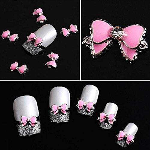 10pcs 3D Pink Alloy Rhinestone Bow Tie Butterfly Nail Art Decoration Stickers DIY