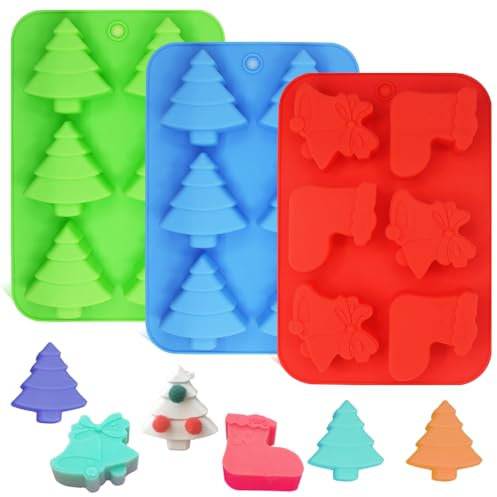 FineGood 3 Pack Silikon Formen, Formen von Weihnachtsbäumen, Socken und Glocken, Backformen für Urlaub Kuchen, Süßigkeiten, Pralinen, Gelee, Seife - Grün, Blau, Rot