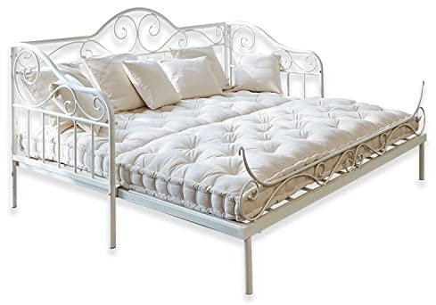 Loberon Bettsofa Maditha, Romantisches Design mit Antik-Finish, Shabby-Chic, wasch- & abnehmbare Zierkissenbezüge, Daybed, Gästebett, Eisen, Baumwolle, weiß