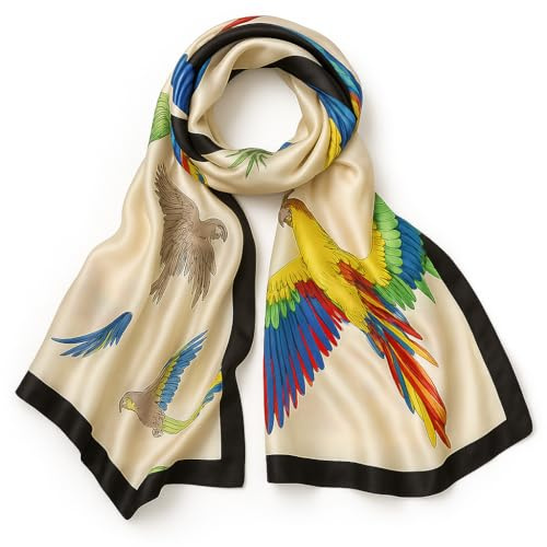 LIVLOKO London Seiden-Satin-Schal für Damen, groß, leicht, glatt, Chiffon, Kopfhaar, Hijab, Hals, Twilly, Hochzeitsschals, Kollektion für junge oder ältere Frauen, Papagei - Tasche, Gift Bag