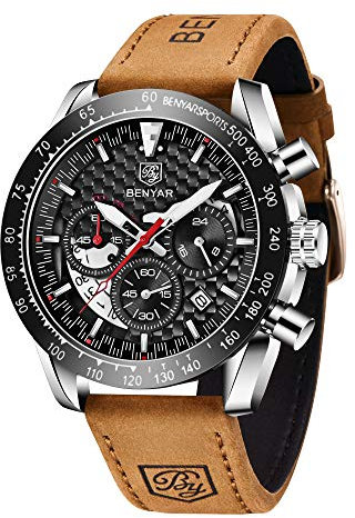 BY BENYAR - Reloj para Hombre, Impermeable, cronógrafo Luminoso, clásico, Relojes de Pulsera de Piel, Gran Esfera Fecha, analógico, para Hombre, Regalo Elegante, Marrón S Negro, Leather, Correa
