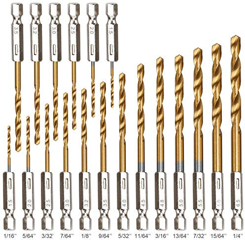 YXYL 19-Piece Hex Drill Bit Set, Titanium & HSS High-Speed Steel Hex Shank Quick-Change Twist Drill Bits for Wood (1/16-1/4)