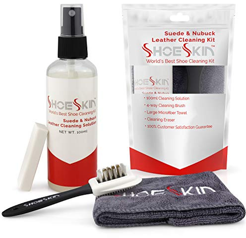 ShoeSkin Shoe Cleaner Kit - Works for Suede and Nubuck Leather Dress Shoes, Includes Non-Abrasive Brush, Microfiber Towel, Magic Cleaning Eraser, and Natural Cleaning Solution