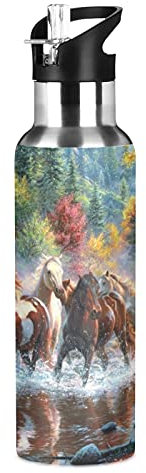 Vnurnrn Art Mignon Cadeau Cheval Animal Bouteille d'eau Isotherme avec Paille en Acier Inoxydable Gourde 600ML, Sans Bpa Gourdes Eau pour Enfant Sport Randonnée École Bureau