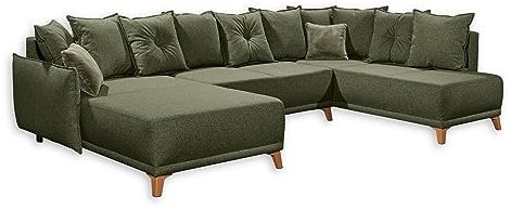 PAMPLONA Wohnlandschaft in U-Form, Grün - Ausziehbares Sofa mit Schlaffunktion und Bettkasten - 338 x 91 x 212 cm (B/H/T)