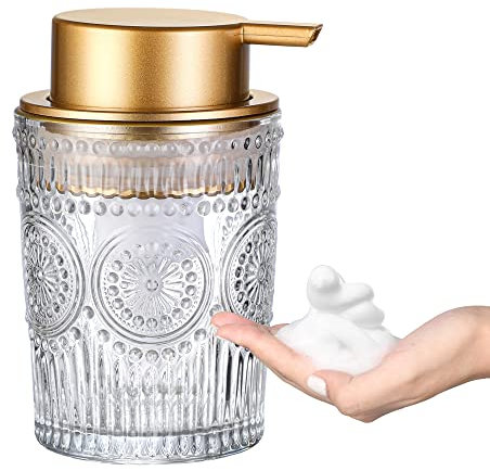 MKLZ 8 Oz Glass Foam Soap Dispenser, Clear Hand Liquid Bottles with Gold Plastic Pump, Refillable Round Foaming Lotion Dispensing for Kitchen Sink & Bathroom Counter