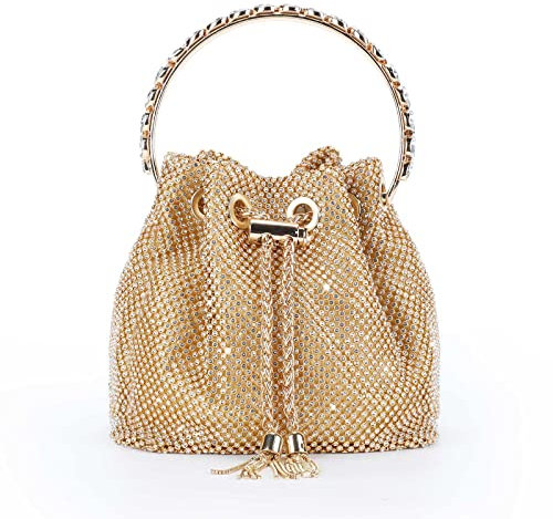 Women's Rhinestone Evening Clutch Bag with Detachable Chain, Gold Bucket Purse for Party Wedding, Tassel Shoulder Bag & Card Holder Wallet | Shiny Crystal Handbag