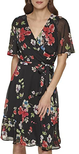 DKNY Damen Short Sleeve Ruffle Hem Faux Wrap Mini Dress Kleid, safrangelb, 44