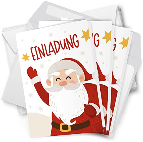 10 x Einladungskarten Klappkarten Weihnachten mit Umschlag zur Weihnachtsfeier Motiv Niedlicher Weihnachtsmann rot