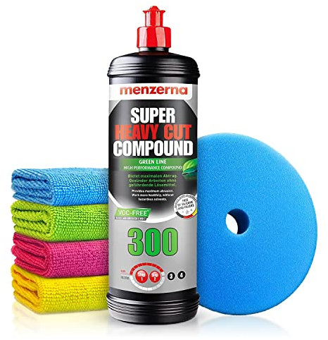 Autopolitur Set: Menzerna Super Heavy Cut Compound 300 Green Line Schleifpolitur (1L) - VOC-freie Politur für maximalen Abtrag - Für Exzenter oder Rotation - Auto polieren, Schleifpaste | 6-teilig
