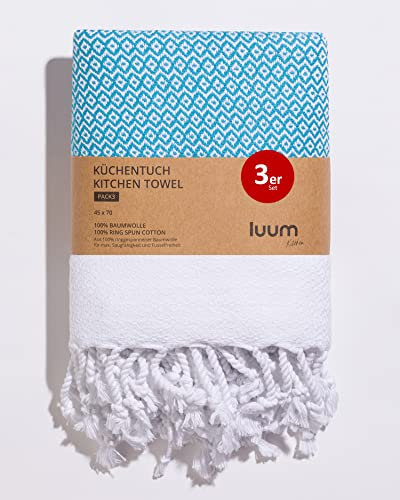 Luum® 3er Set Geschirrtücher, Geschirrhandtücher, Küchentücher, Küchenhandtücher, 100% ringgesponnene Baumwolle, schnelltrocknend, fusselfrei, Türkis, 45x70, Geschenkset
