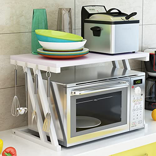 KEVO - Estantería estable de madera para horno de microondas con ganchos, soporte para horno, rejilla para asar, estante de encimera para microondas, estante de almacenamiento de encimera de cocina