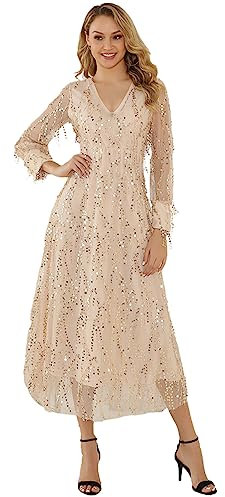Jamron Damen Umkehrbar Elegant V-Ausschnitt Pailletten Quaste Tüllkleid Lange Abendkleid Hochzeitskleid SN0703118 Beige S