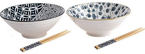 lachineuse - Coffret 2 Bols Style Japonais Bleus ⌀ 20,5 cm - Format XXL - Bols à Riz, Petit Déjeuner & Soupe - Motifs Traditionnels Zen - Bol Asiatique Japonais Asie - Cadeau Vaisselle