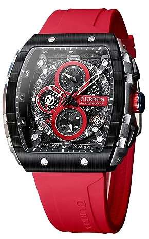 FORSINING Montre analogique à quartz pour homme - Grand cadran rectangulaire - Bracelet en silicone - Étanche - Calendrier - Date, Rouge, Sangle