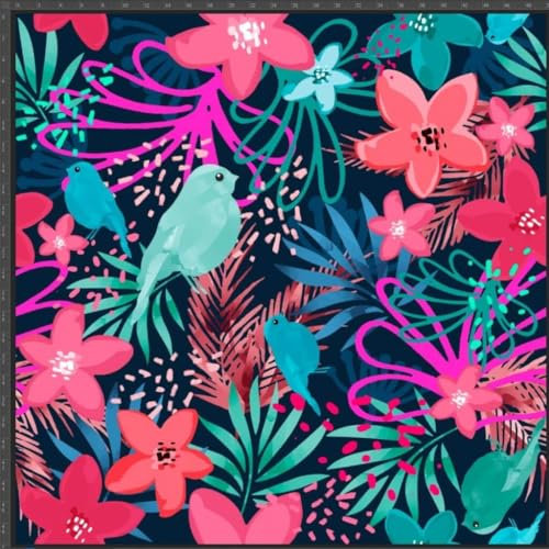 Textrend Jersey Stoff Meterware Kinder - 100% Baumwolle - Stoff zum Nähen - Textilien 1x1.6m - Entwürfe für Kinder (Bunte Blätter mit Vögeln auf dunkelblauem Hintergrund)