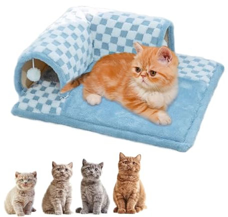 Cat Tunnel Bed, Katzentunnel und Bett, 2-in-1-Katzentunnel Mit Lustigem Plüsch-Karomuster, Katzentunnelbett mit Zentraler Matte, mit Flauschigem Spielzeugball für Hauskatzen