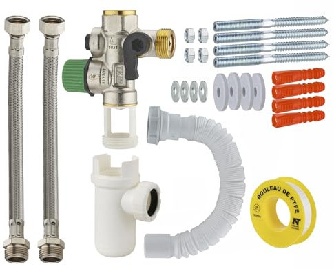 Kit completo di collegamento scaldabagno con gruppo di sicurezza diritto sedile teflonnato anticalcare + fissaggi NOYON & THIEBAULT