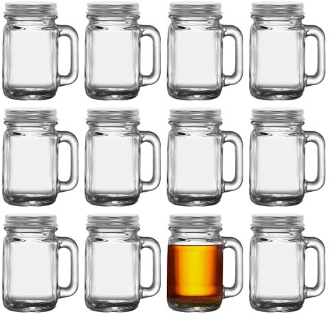 eispap 12 Pcs Mini Mason Jar with Handles,1.7oz/50ml,Premium Shot Glasses with Leakproof Lids for Drink,Dessert,Condiments,Jams,Candle,Craft (12)