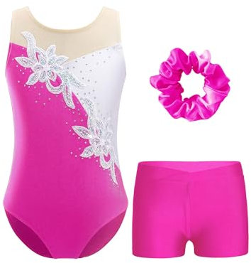 FEESHOW Kinder Turnanzug Mädchen Mit Kurzer Hose Ärmellose Glitzer Pailletten Strass Turntrikot Gymnastik Body Shorts Haargummi Set Rose 146-152