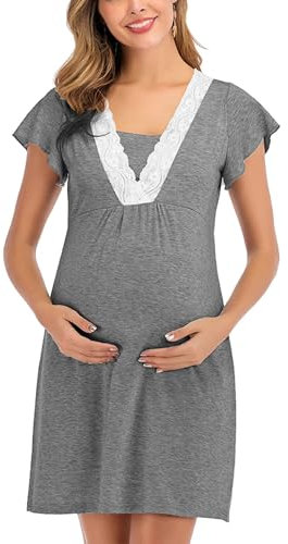 SHEKINI Robe de Nuit Douce pour Femme - Manches 3/4 Maternité Allaitement Chemise croisée à Manches Courtes et col en V Solide Enceinte Vêtements de Grossesse