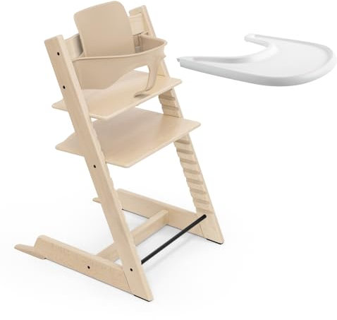 Trona Tripp Trapp de Stokke (Natural) Con Bandeja (Blanco) - Incluye Silla, Baby Set 2 Para Niños de 6 a 36 Meses - Ajustable y Fácil de Limpiar