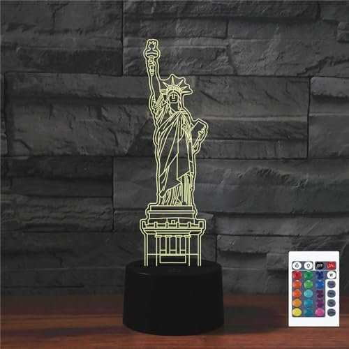 FLRXHK Freiheitsstatue in den Vereinigten Staaten, 3D-Illusions-Nachtlicht, Touch-Tischlampe mit Fernbedienung, 16 Farben, optisches USB-LED-Nachtlicht für Kinder