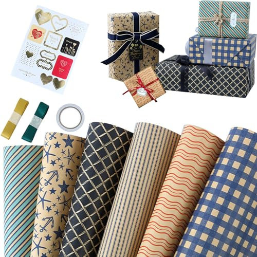 Papier Kraft Rouleau,70 x 50cm Rouleau de Papier Cadeau,6 Papier Cadeau Noel,Papier Cadeau Kraft,Papier Cadeau,Papier Anniversaire D'Emballage,Ruban Papier Cadeau,Convient pour Noël,les Anniversaires