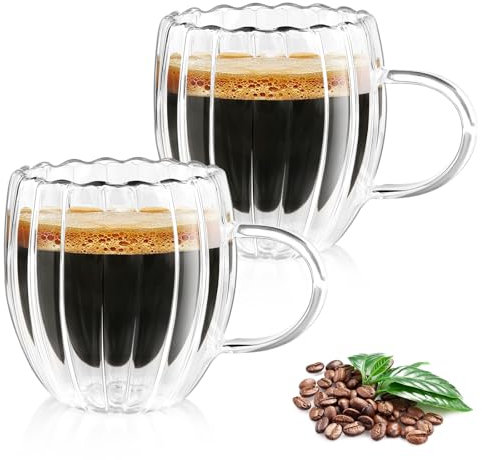 KAMEUN Double-Walled Doppelwandige Kaffeegläser mit Henkel 2er Set 250ml Espresso Gläser, Borosilikatglas Thermogläser für Americano, Tee, Milch, Eis