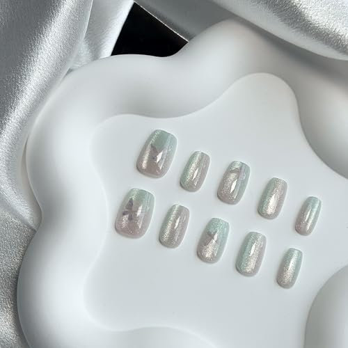 INCHIC Mint Breeze, Short Squoval, Ombre Blue-green Pink with Butterfly, 30 Pcs Press on Nail
