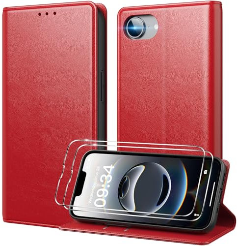 Peakally Handyhülle für iPhone 16e Hülle [Mit 2 Stück Panzer Schutz Glas] [Premium PU Leder] [RFID-Blockierung] [Kartenfach] [Ständer] Klapphülle Kompatibel mit iPhone 16e 2025 - Rot