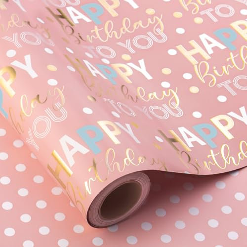 Wikadlik Carta da regalo di compleanno rosa, 43 cm x 10 m, con scritta Happy Birthday, reversibile, per feste, doccia, vacanze, celebrazioni