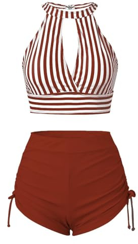 TOFOTL Maillot de Bain Femme 2 Pieces Print Ventre Plat Vintage Bikini Maillot de Bain Brassiere Piscine Funky Rayee Col V Extérieur Maillot de Bain Sport