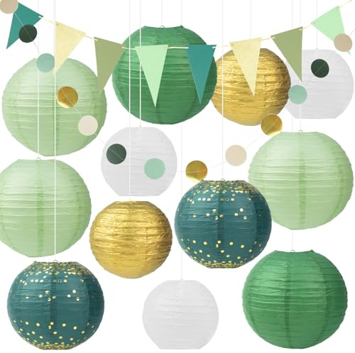 TEUYOE Hochzeitsfeierdekorationen, 12 Stück Papierlaterne Lampion, Grün Gold hängende Papierlaternen, Runde Papierlaterne für Braut Hochzeitsdekorationen Geburtstagsfeier Gartenparty Deko