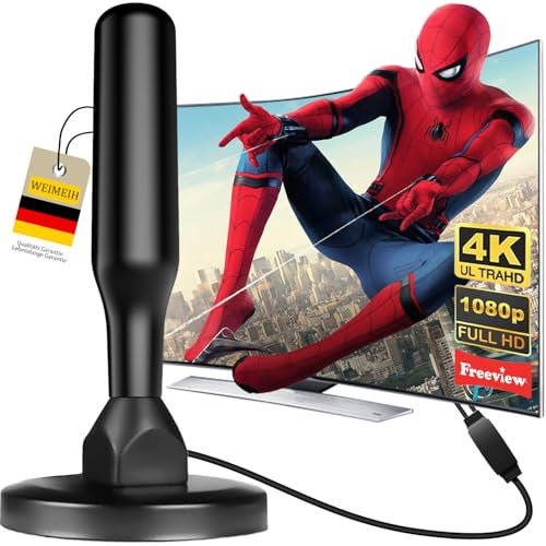 Antenna TV Interna 2025 Antenna TV Interna Amplificata Potente, Terrestre con 450 km di Ricezione con Base Magnetica, Amplificatore di Segnale Support 4K HD/1080P per HDTV