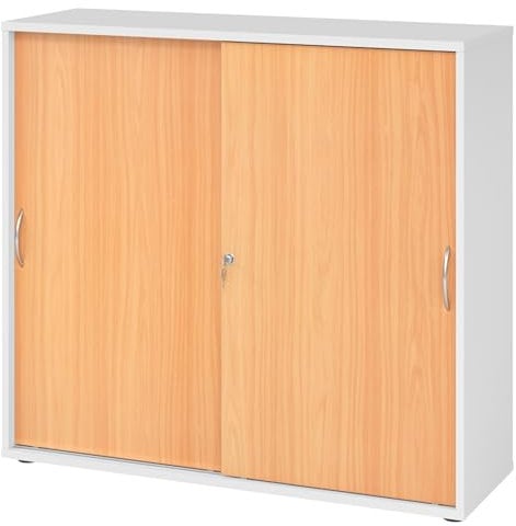 bümö Schiebetürenschrank 3OH - Aktenschrank abschließbar, Sideboard Schrank mit Schiebetüren in Weiß/Buche, Bogengriff - Büroschrank aus Holz mit Schiebetür, Büro Kommode für Ordner & Co.