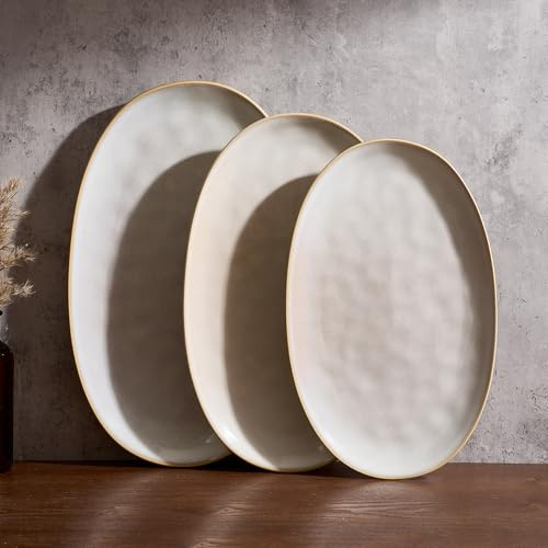Richmount Ocean Serie Steinzeug Servierplatte 3er Set，Rechteckige Servierplatten mit Reaktionsglasur，Serviertablett für Sushi, Vorspeise, Kuchen, Fleisch, Cappuccino-Weiß