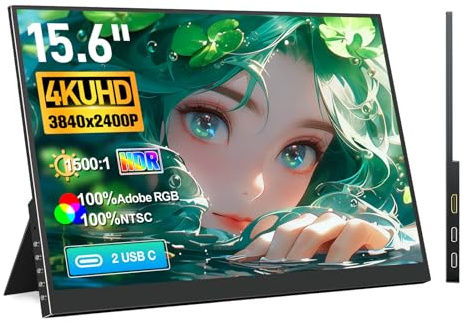 Ueplain Monitor portatile 15,6 pollici 4K UHD 3840 x 2400, con HDMI, 2 USB-C, 100% AdobeRGB, contrasto 1500:1, 100% NTSC, per Laptop/PC/Game Consoles,PS4/5, Xbox