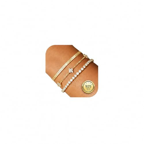 3 Stück Armband Damen Silber 925 Armbänder Gold Armband Mit Zirkonia Wasserfest Armbänder Set Vergoldet Damenarmband Stapelbare Tennis Perlen Verstellbar Armkette Schmuck Geschenk für Damen Frauen