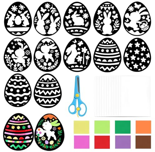 Tadpolez Oster Bastelset Kinder,12 Stück Fensterbilder Ostern,DIY Osterdeko mit Buntglas-Effekt, Kreative Bastelvorlagen für Bastelset Frühling Hasen Eier