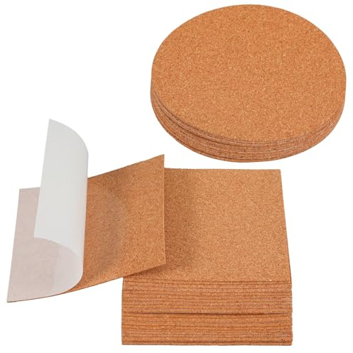 XLIUAX Lot de 30 feuilles de liège autocollantes carrées et rondes de 10,2 x 10,2 cm avec dos adhésif puissant pour dessous de verre fin, fournitures de bricolage