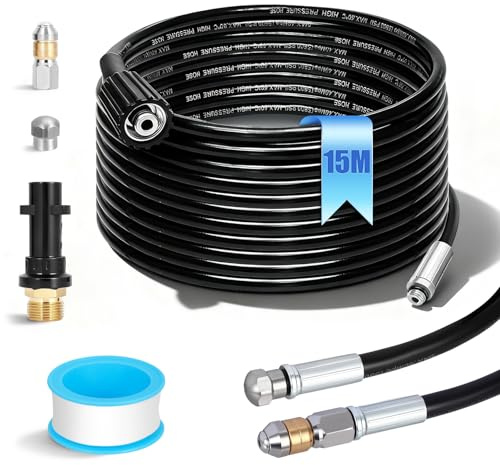 15m Manguera Desatascadora, Sonda Desatascadora de 400 Bar/5800PSI con Adaptador, 2 Boquillas (de Chorro y Giratoria) y 1 Cinta de Teflón, Compatible con Kärcher K2-K7 para Uso Doméstico
