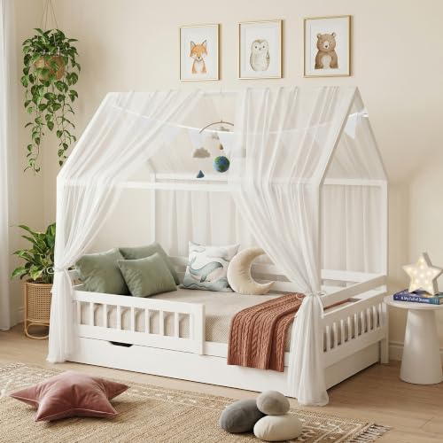 Sranin Hausbett Himmel 2er Set – Kinderbett Vorhänge für Hausbett, Montessori Kinderzimmer Deko, Betthimmel mit Bändern, Rückzugsort zum Spielen Lesen und Träumen, 150 x 350 cm (Weiß)
