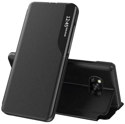 Techsuit für Xiaomi Poco X3, NFC, Pro Flip Wallet Hülle mit Kartenfach, Standfunktion, Smart View Fenster, Displayschutz, Kameraschutz, Kratzfest, eFold Series, PU Leder, Schwarz