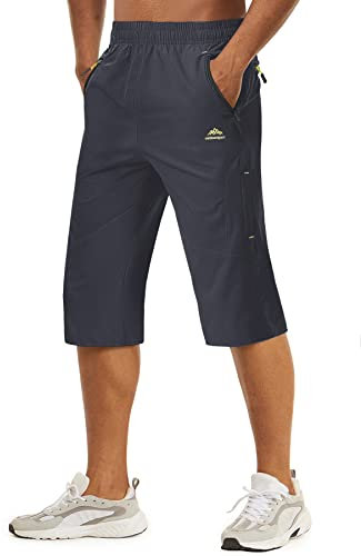TACVASEN Men's Quick Dry Breathable Outdoor Sports Elastic Capri Shorts with Zipper Pockets, Dark Grey, 38
