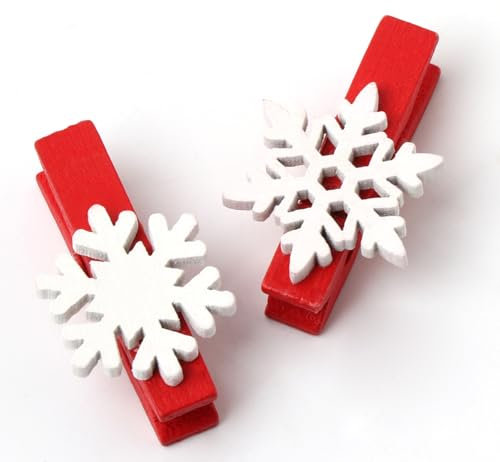 50pcs Mini Pinces à Linge en Bois Motif Flocon de Neige,ilauke 3.5cm Clips en Bois de Flocon de Neige de Noël Bricolage,2 Styles Clips de Décoration de Noël pour Accrocher Cartes,Photos (Rouge,Blanc)
