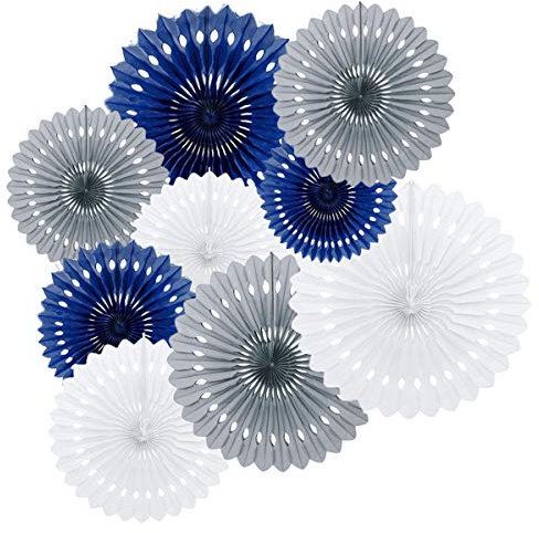 9PCS Navy Blue Gray White Origami Paper Party Fan Paper Rosettes Nautical Baby Boy Shower Navy Wedding 1st Shark Birthday Bachelorette Party Backdrop Home Nursery Wall Hanging Decoration
