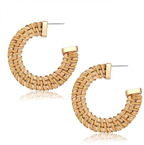 CEALXHENY Rattan Earrings for Women Handmade Straw Wicker Braid Drop Dangle Earrings Lightweight Geometric Statement Earrings (D Hoop)